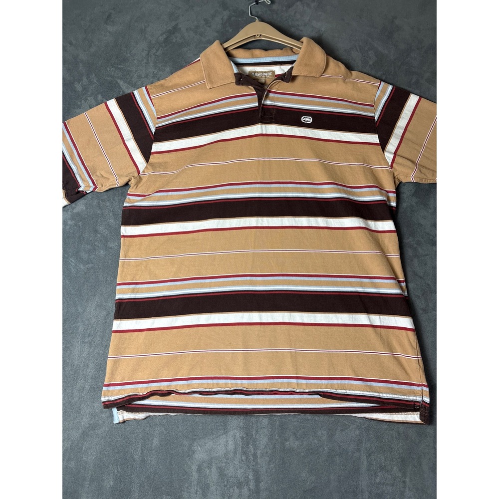 Ecko Unltd Mens XXL Striped Short Sleeve Polo Shirt Tan Brown Cotton Streetwear